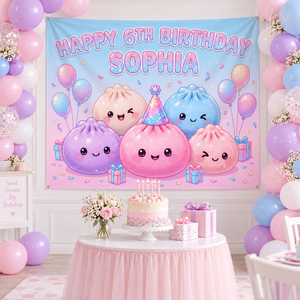 Custom Dumpling Birthday Backdrop, Kawaii Bao Tapestry for Girls, Pastel Little Dumpling Party Banner, Personalized Kids Photo Booth Prop 07d3d6b4-aec6-4daa-9e8c-c74b2fa746a7-banner-1.png