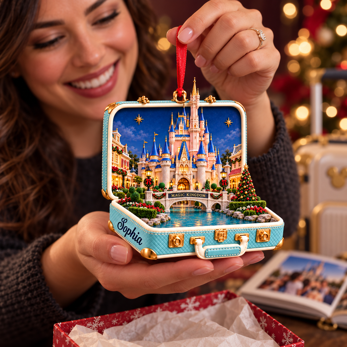 Personalized Magic Kingdom Castle 3D Suitcase Christmas Ornament – Disney World Vacation Keepsake & Gift for Disney Fans 07eb6282-ca2e-4a71-b683-448a4bea32e1-Joyful-traveler-admires-a-Magic-Kingdom-ornament-4.png
