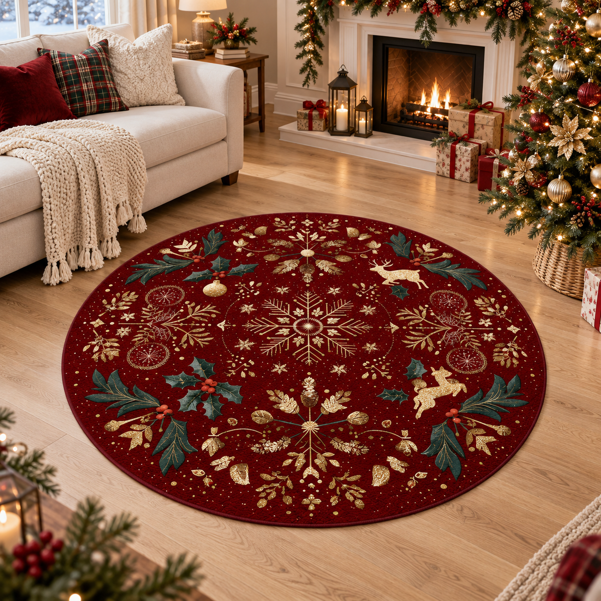 Red Christmas Round Rug, Elegant Holiday Carpet with Gold Snowflake and Reindeer Design for Living Room or Entryway 07f83c1f-d5a2-4e47-a309-65f863e2cd9f-banner-1.png