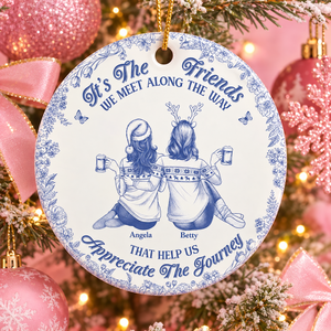 Friends We Meet Along The Way Toile De Jouy Besties - Personalized Circle Ceramic Ornament 08454409-6deb-48f7-b131-9377c90eaf8c-image.png