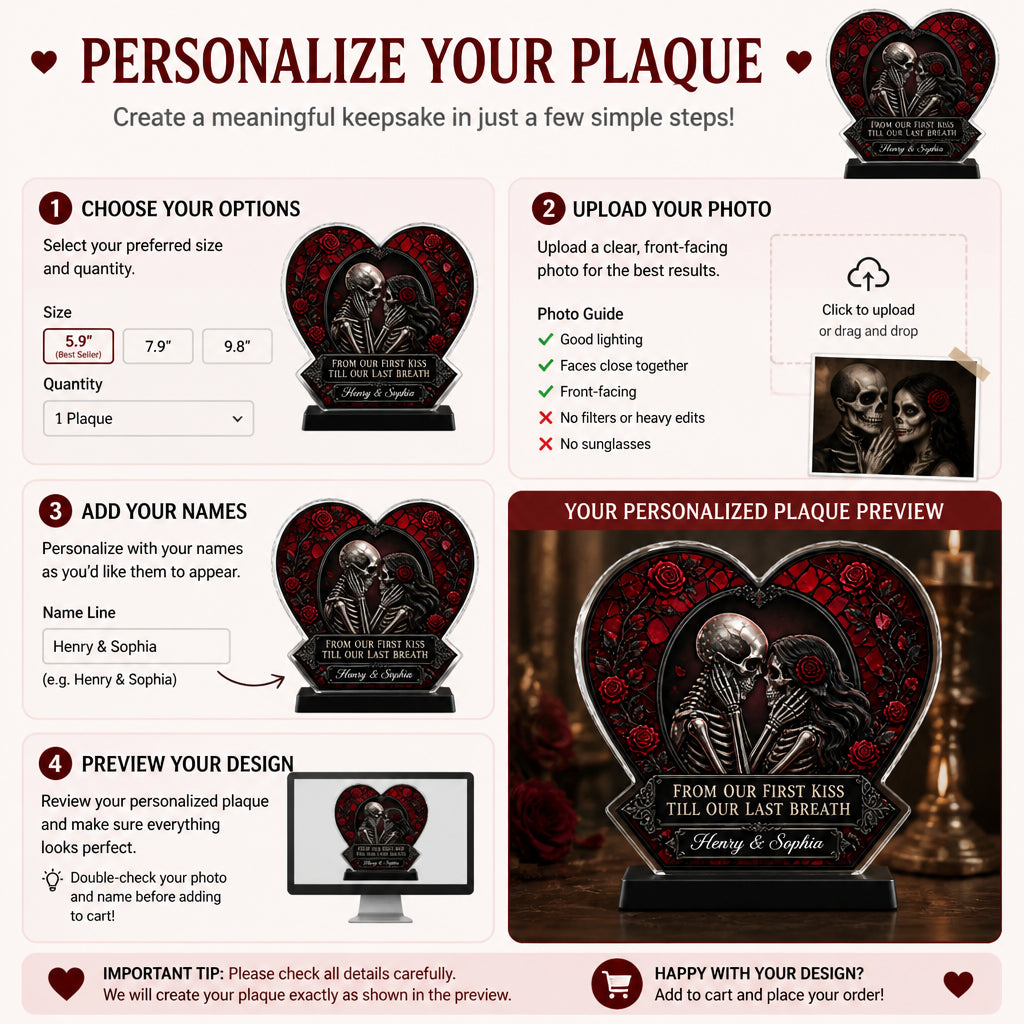 Gothic Skeleton Lovers Heart Plaque – From Our First Kiss… (Personalized Names) - Personalized Heart Shaped Acrylic Plaque 0866d971-f4ac-410e-b750-7ca1298bb4bb.jpg