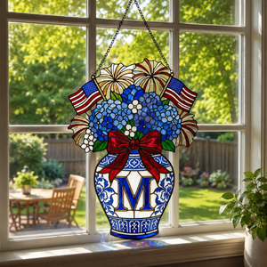 USA 250th Anniversary Flag Bow Faux Stained Glass Acrylic Hanging, Blue Hydrangeas Chinoiserie Vase 1776-2026 Decor, Patriotic Suncatcher