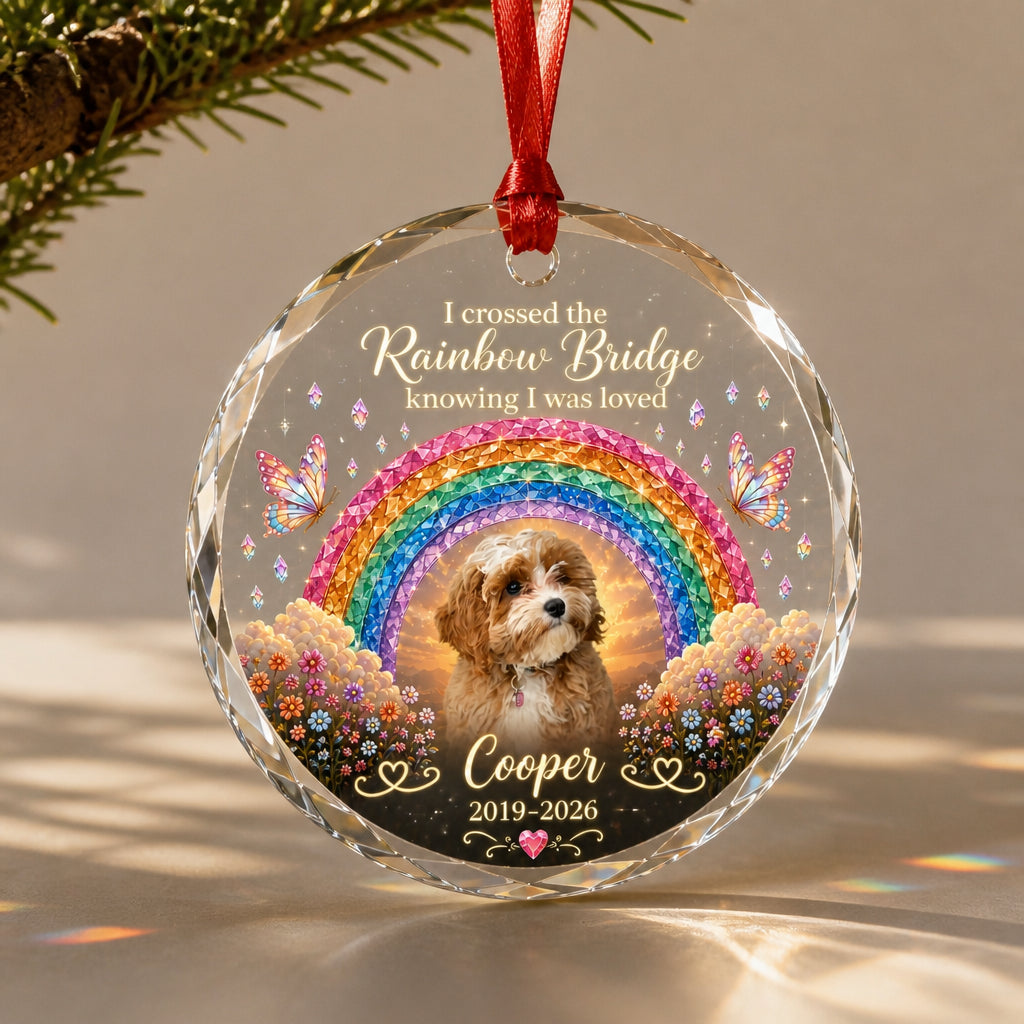 Rainbow Bridge Pet Memorial Crystal Ornament – Photo, Name & Years - Personalized Crystal Ornament 088348ed-e8a4-4aae-92ed-4b3ec0b0630f.jpg