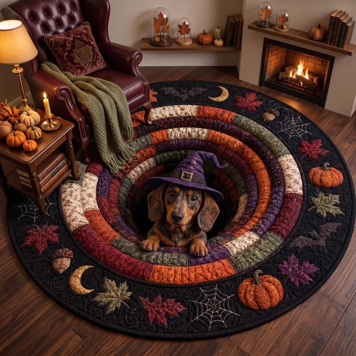 3D Dachshund Halloween Round Rug, Cute Witch Dog Optical Illusion Carpet, Spooky Fall Quilted Floor Mat, Wiener Dog Halloween Decor Gift 0892bf6c-98e5-4472-9637-2074dfee79dc-2.jpg