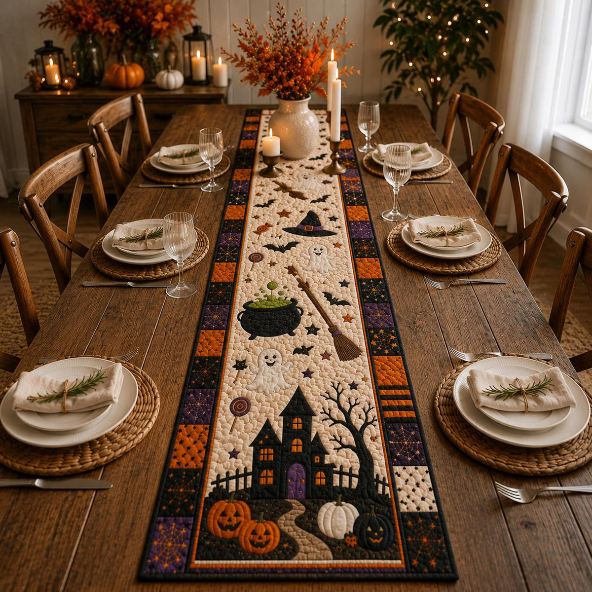 Halloween Quilted Table Runner, Haunted House Pumpkin Ghost Table Runner, Farmhouse Fall Table Decor, Kitchen Dining Room Decoration 08ec7fed-8fae-4b3f-80e3-d7752d5234ff-1.jpg