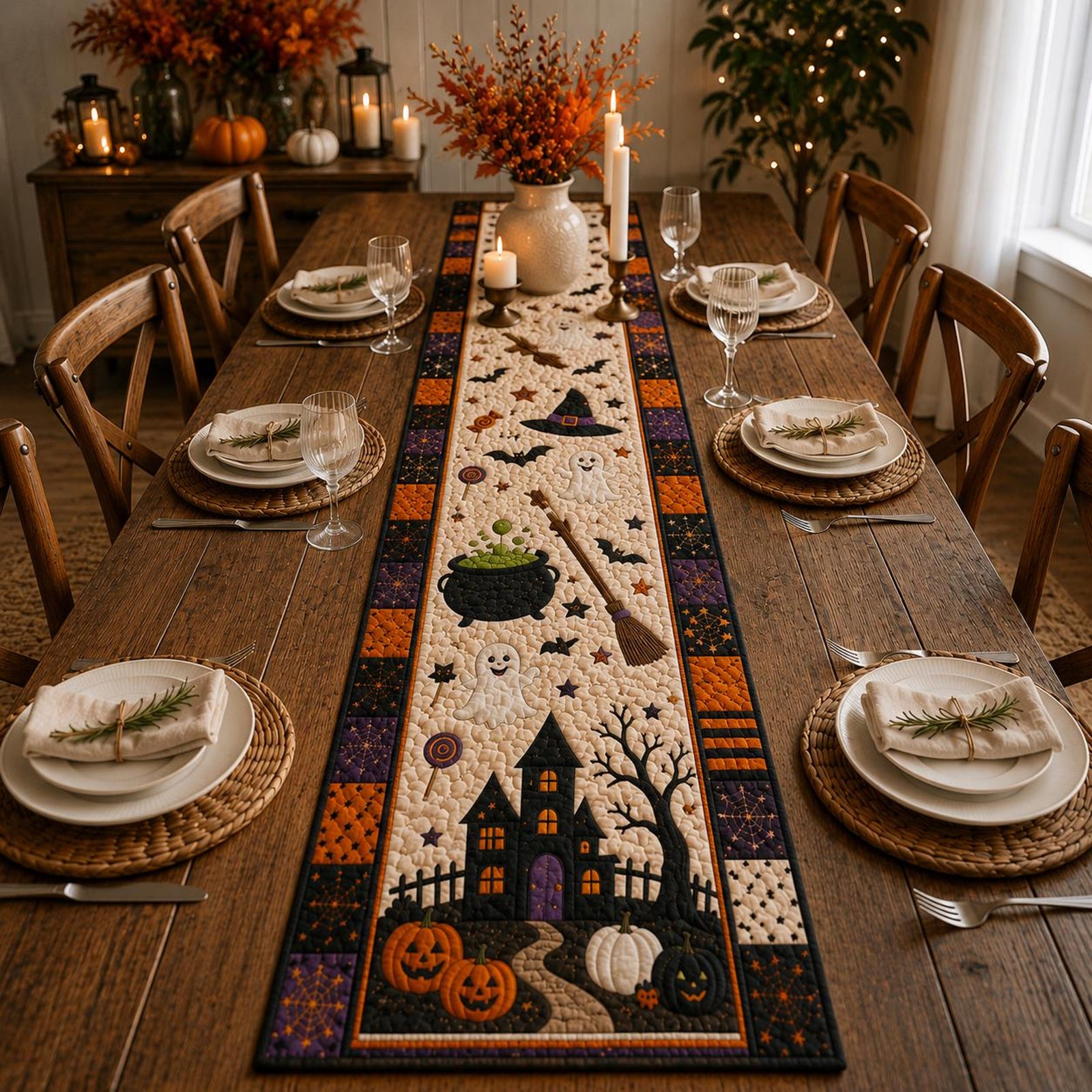Halloween Quilted Table Runner, Haunted House Pumpkin Ghost Table Runner, Farmhouse Fall Table Decor, Kitchen Dining Room Decoration 08ec7fed-8fae-4b3f-80e3-d7752d5234ff-1.jpg