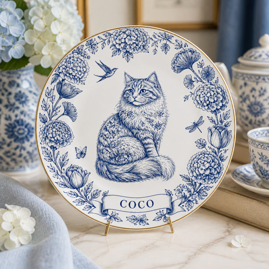 Chinoiserie Cat Name Plate – Personalized Delft Blue Floral - Personalized Personalized Ceramic Plate 090815c4-5e84-4912-aefe-fa5e878117ba.jpg