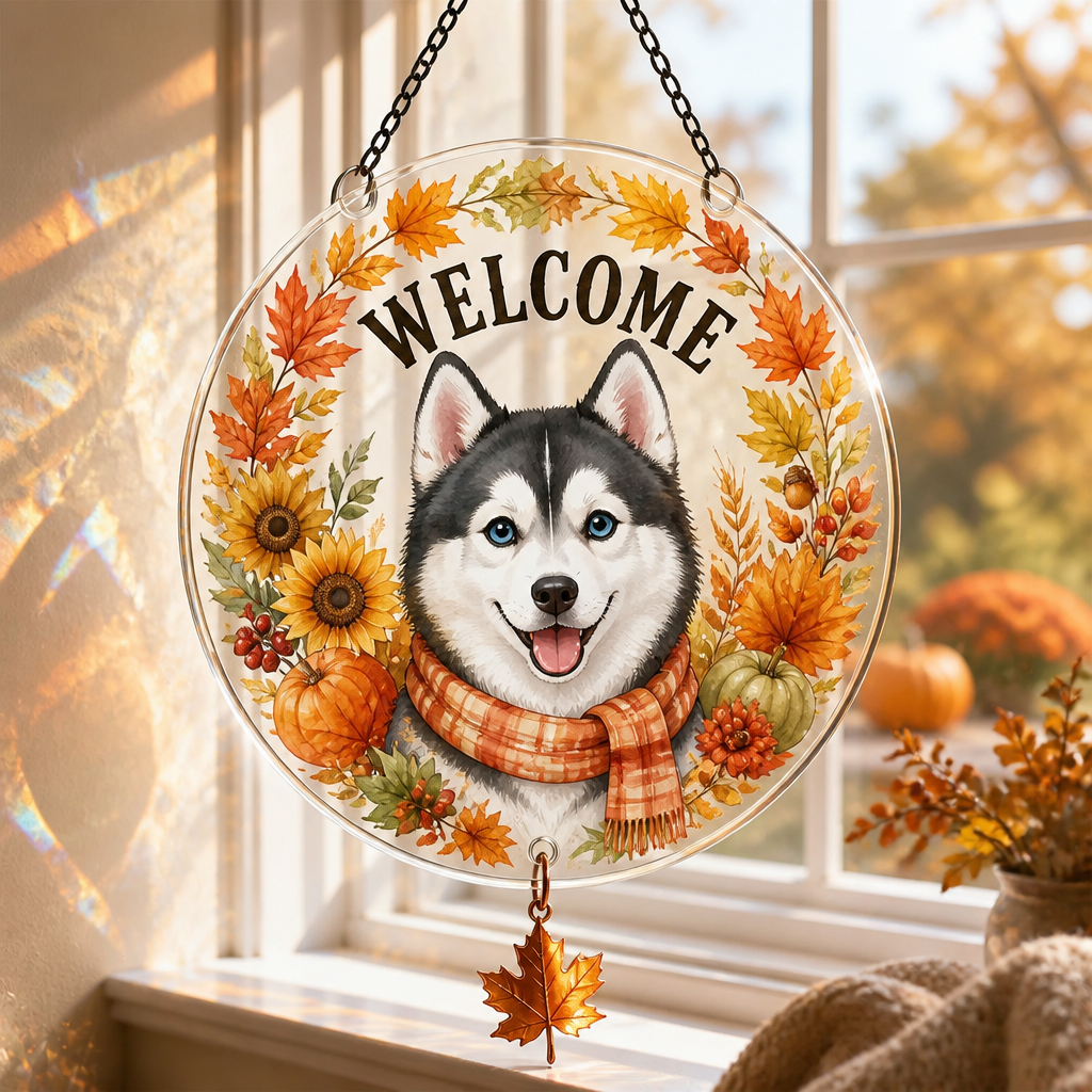 Fall Husky Welcome Garden Flag - 1 Layered Suncatcher with Charm 0915ef28-6134-48da-95db-b55a63790e12.png