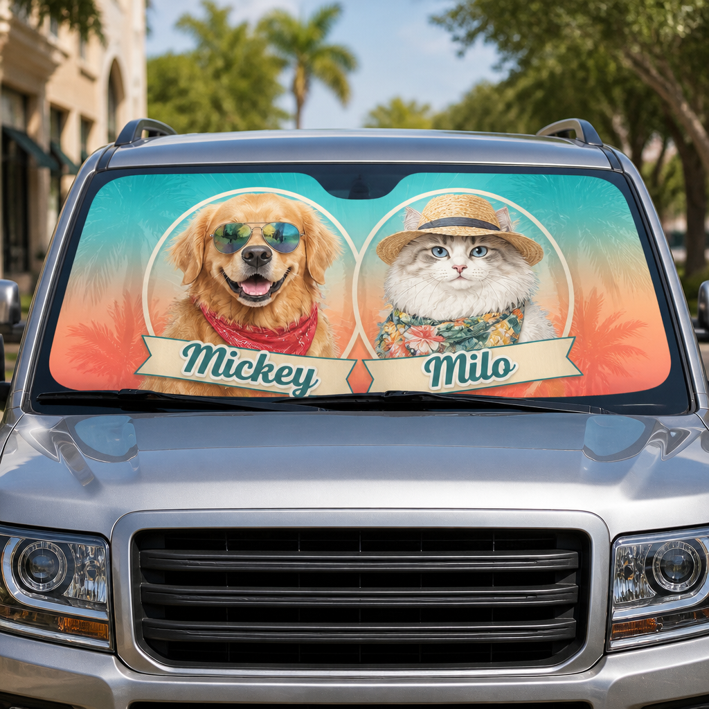 Custom Pet Portrait Auto Sun Shade – Tropical Medallions (2 Pets + Names) - Personalized Auto Sun Shade 09f80811-a08b-4381-8ad7-21482a46d6cf.png