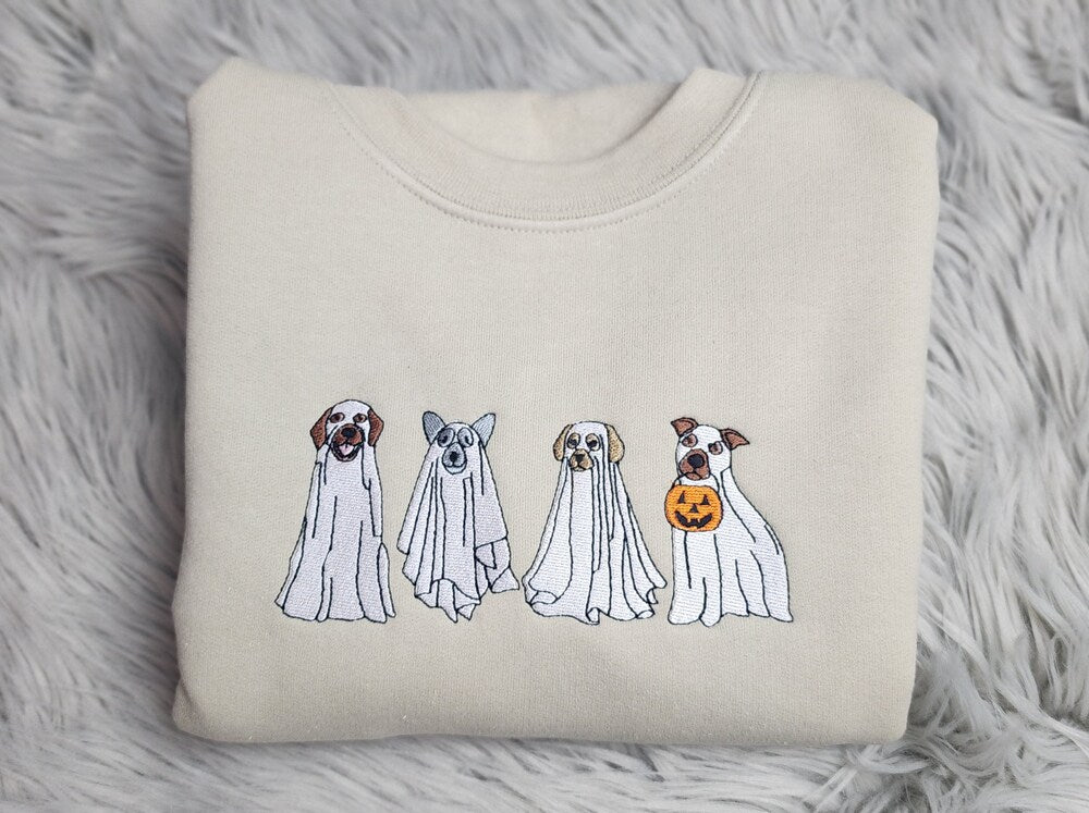 Ghost Dogs Halloween Embroidery Sweatshirt, Halloween Ghost Dogs Embroidered Unisex Sweatshirt