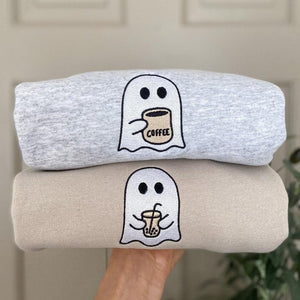 Little Ghost Coffee Crewneck -- Embroidered Sweatshirt, Fall Sweatshirt