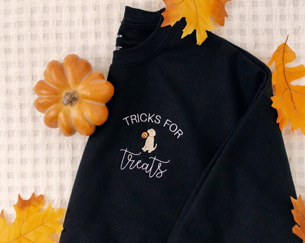 Tricks for Treats Black Gildan Golden Puppy Dog Embroidered Custom Crewneck Sweatshirt, Everything Fall, Autumn Halloween