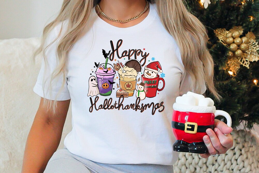 Happy Hallothanksmas Shirt, Hallothanksmas Coffee Tshirt, Halloween T Shirt, Thanksgiving T-shirt, Christmas Tee, Coffee Pumpkin Spice Iced 0.jpg