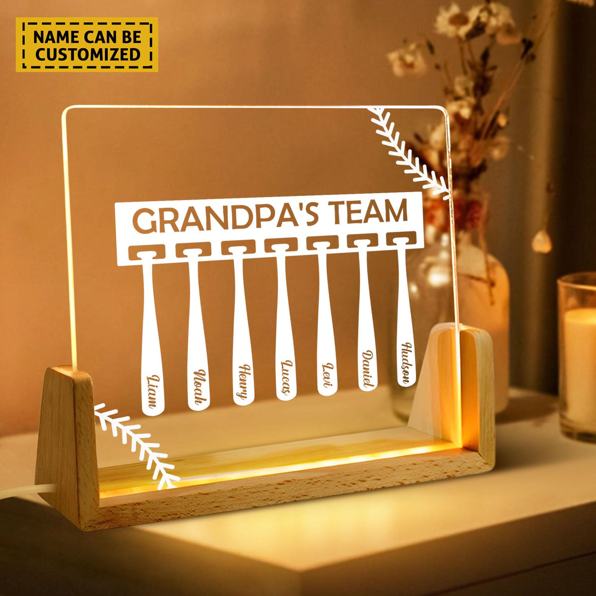 Baseball Grandpa Gift with Grandkids Names,Custom Grandpa's Team Night Light, Dad Gifts from Daughter Son, Father's Day Gift, Baseball Coach