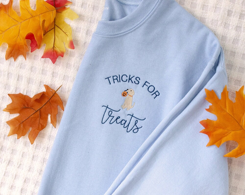 Tricks for Treats Golden Puppy Dog Gildan Embroidered Custom Crewneck Sweatshirt, Everything Fall, Autumn Halloween