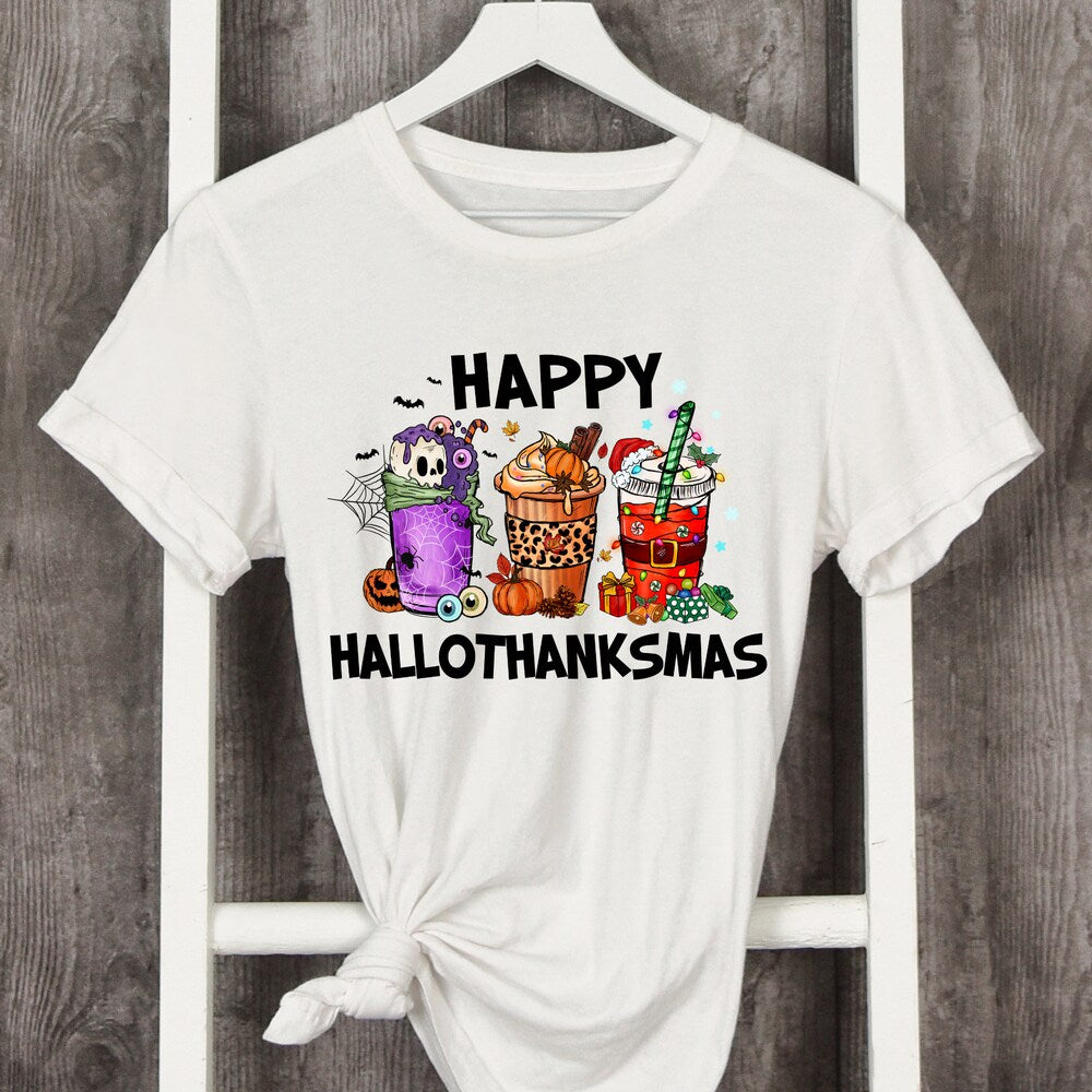 Happy Hallothanksmas Shirt, Halloween Christmas Thanksgiving Shirt, Funny Holiday Iced Coffee Shirt, Gift For Her, Coffee Lovers Gift, 0.jpg