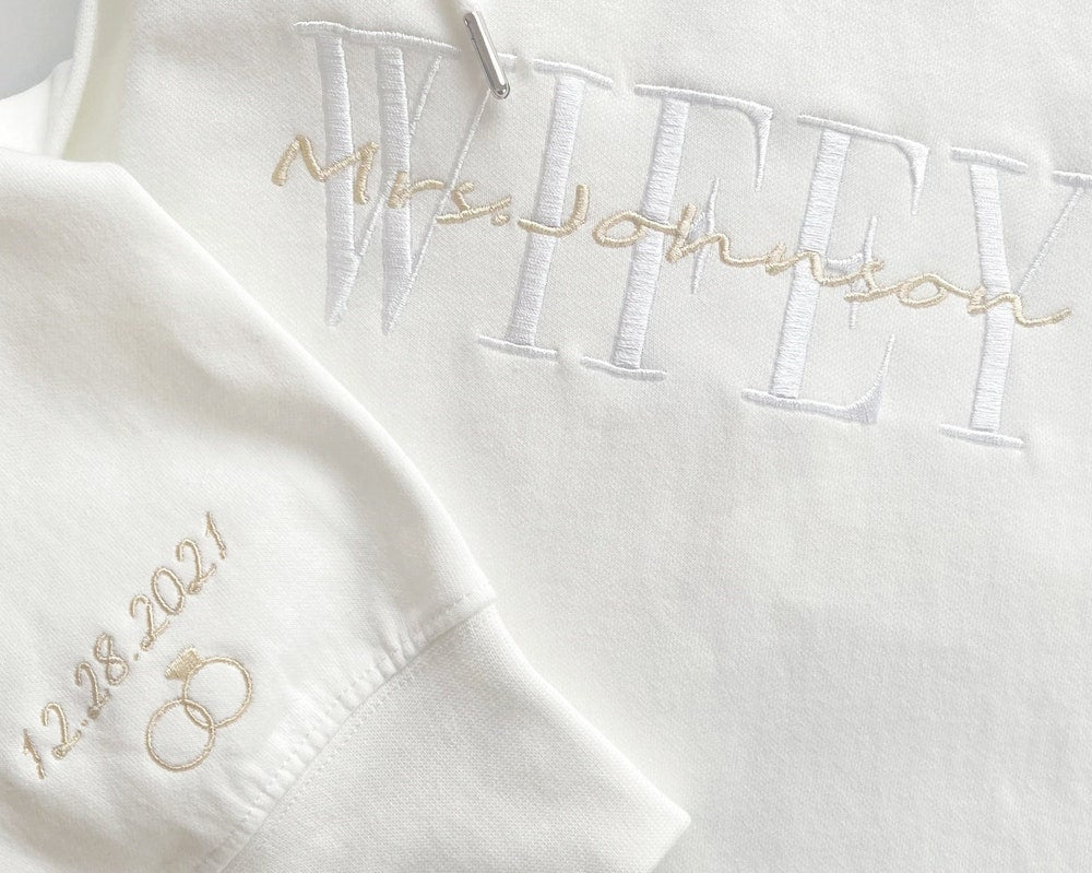 Personalized Embroidered Wifey Hubby Sweatshirt, Custom Last Name Bridal Crewneck, Gift For Couple Matching Hoodie