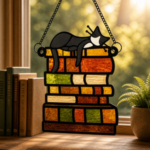 Cat Nap on Books Stained Glass Suncatcher - Suncatcher Stained Glass 0ac2fc33-0fed-4849-8b83-5eb856dccbeb.jpg