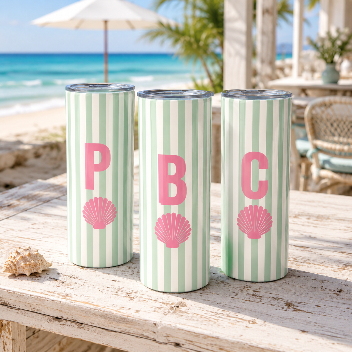 Vacation Tumblers, Seashell Personalized Beach Girls Trip Cups, Beach Bachelorette, Family Vacation Tumblers with initials Cabana Stripe 0b2f4293-dab4-44be-bfc0-c1c5998146a4-banner-1.png