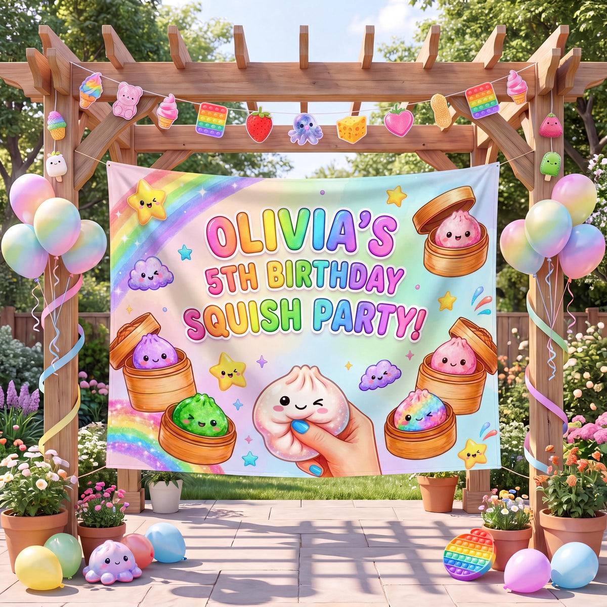 Custom Pastel Rainbow Kawaii Birthday Backdrop, Sensory Toy Fidget Party Banner, Personalized Dumpling Tapestry Photo Booth Decor 0b3810f9-232c-40f0-a5d8-458f3273aa07-3.jpg