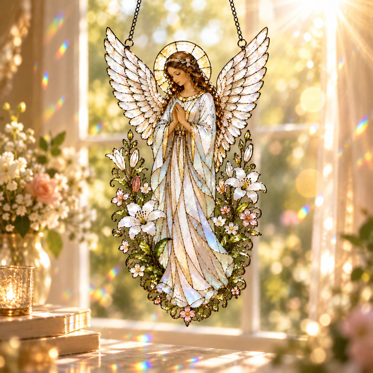 Angel window hanging, white winged prayer suncatcher with lilies, stained glass style floral decor 0b62345c-d537-4676-b5b8-4ea79aab3116-2b547509-1ba2-4377-a63e-6e80e42b6e83.png