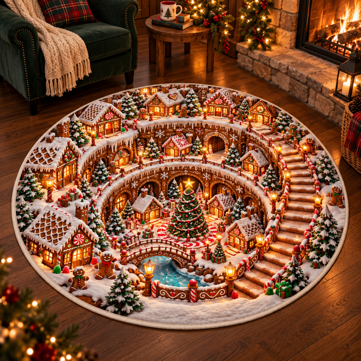 Gingerbread Village 3D Illusion Round Rug, Candy Cane Christmas Floor Mat, Winter Wonderland Area Carpet, Festive Holiday Home Decor 0b6e96c9-a5b3-47fa-8d2a-96868b522d86-Gingerbread-Wonderland-Christmas-Rug-2.png