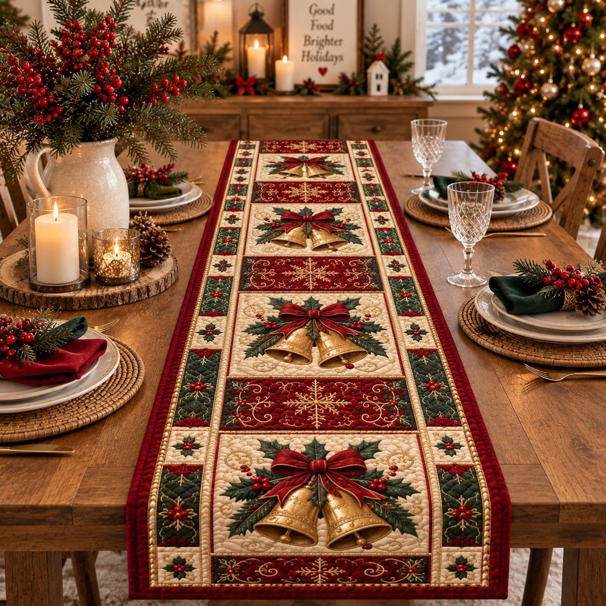 Christmas Quilt-Style Table Runner, Bells, Holly, Snowflake Holiday Decor 0ba045b0-34d0-40dc-be3f-7fec3b8f42e5-3.jpg