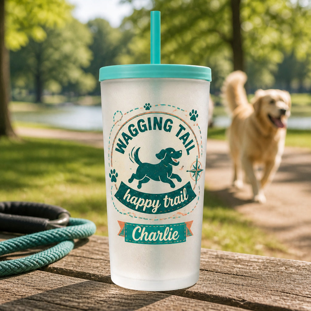 Wagging Tail Happy Trail Personalized Dog Water Bottle - Personalized Plastic Frosted Water Cup 0bbc90c6-3c66-4186-b723-5501f99823cc.jpg