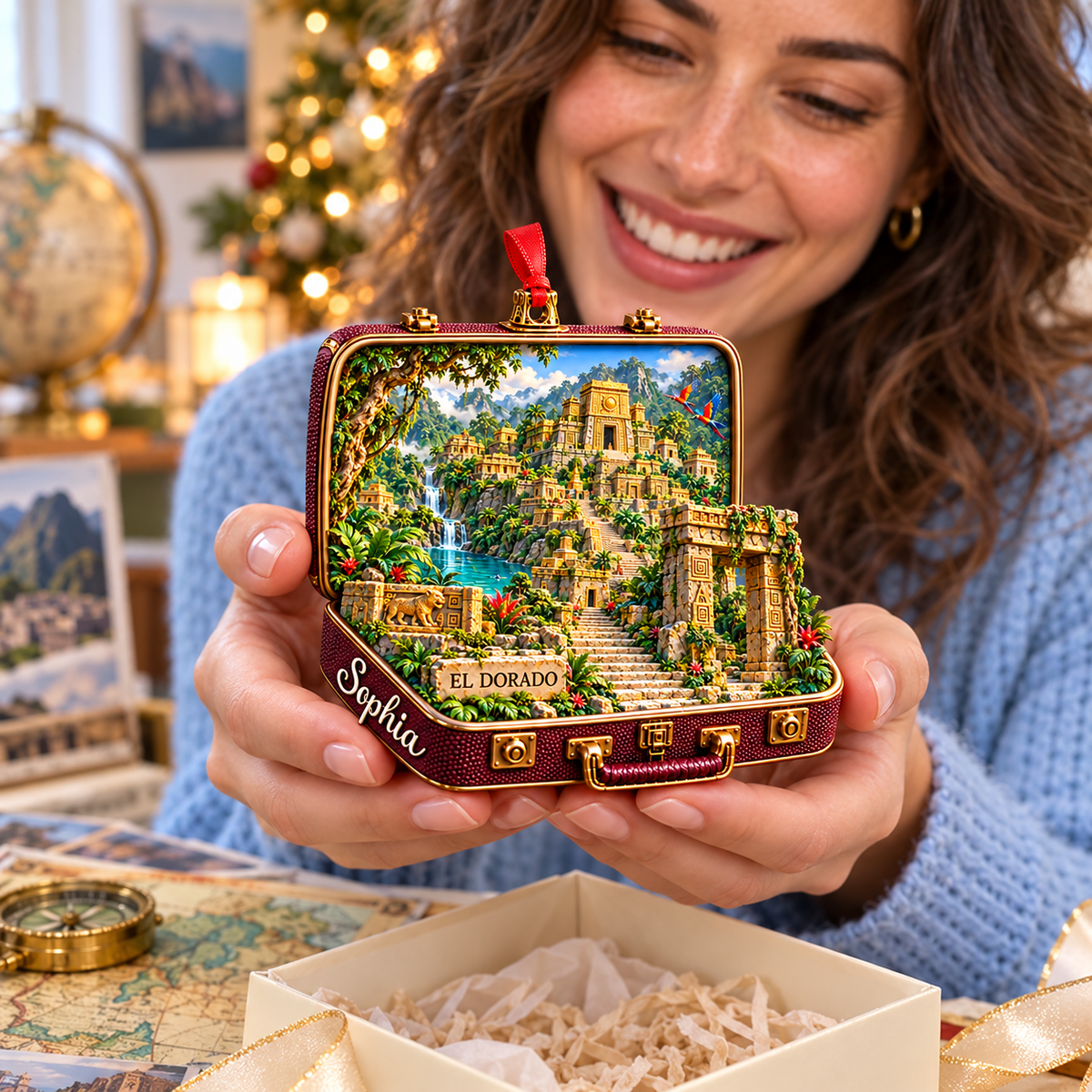 Personalized El Dorado 3D Suitcase Christmas Ornament – Lost City of Gold Keepsake & Gift for Adventure Lovers 0bf0a6ab-a4aa-4aec-bb37-ebb9a78be76b-El-Dorado-suitcase-ornament-gift-moment-2.png