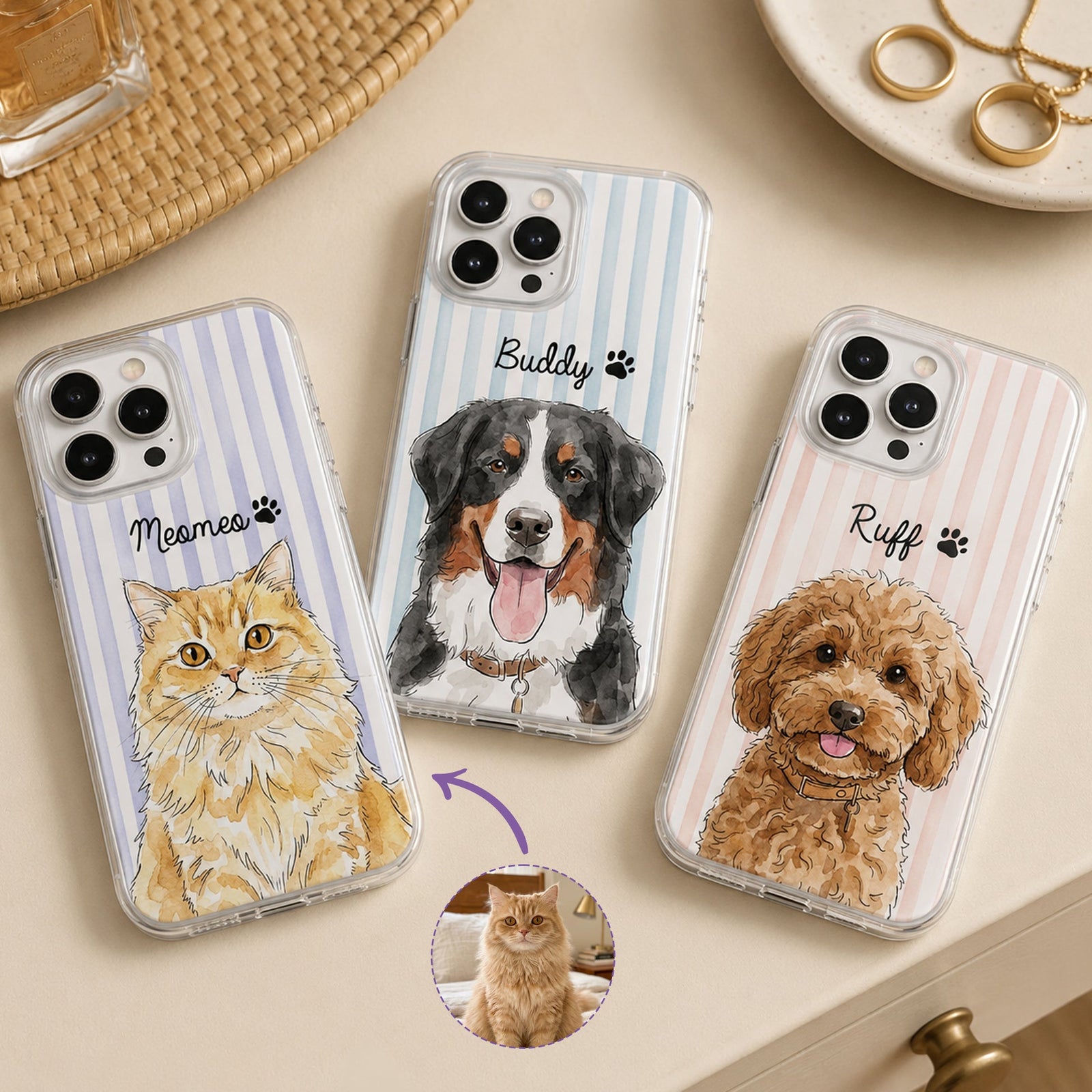 Custom Pet Portrait Watercolor Art Striped Pattern Gift For Pet Lovers - Personalized Phone Case 0c38d107-0b4c-4214-a23f-1afd18c15a37-banner-1.jpg
