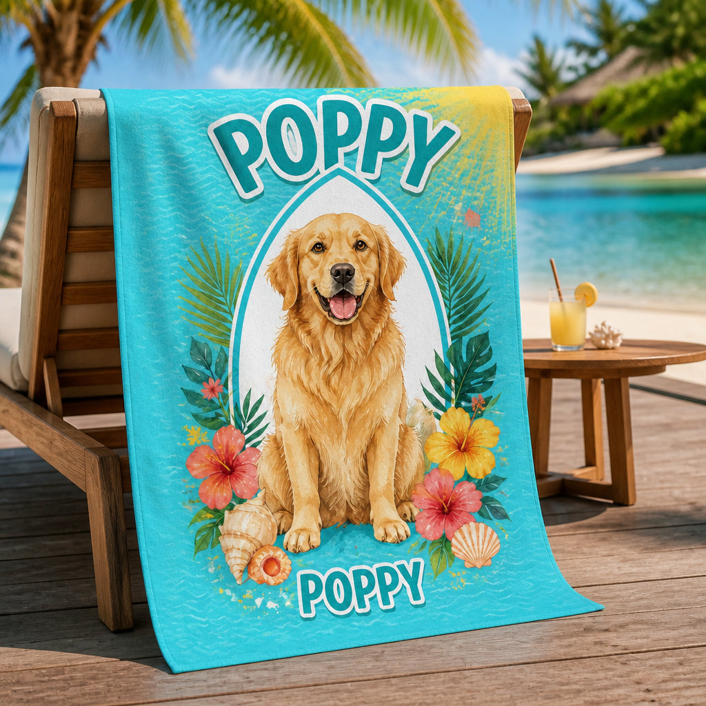 Custom Pet Portrait Beach Towel – Big Name Headline, Tropical Frame - Personalized Beach Towel 0d2d10c7-8234-4b69-bb3d-9a2406aaaeb6.jpg