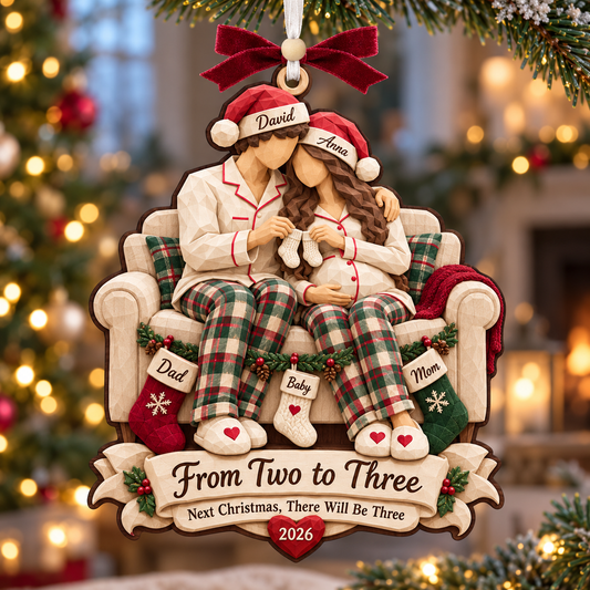 Personalized Pregnancy Announcement Christmas Ornament 2026 – From Two to Three, Custom Couple Names, Expecting Parents Gift 0d6e82ec-01bf-4d92-9ad3-87686e268c24-From-two-to-three-Christmas-ornament.png