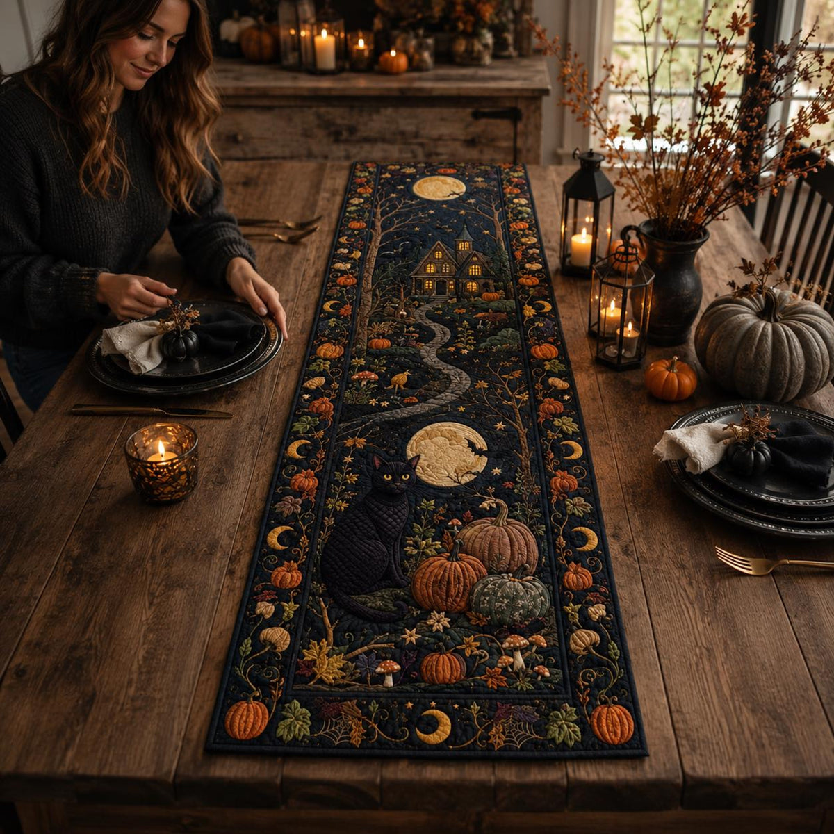 Halloween Black Cat Table Runner, Spooky Pumpkin Fall Decor, Gothic Witchy Home Accent 0d913e06-4df6-49f3-b067-756103785b60-3.jpg