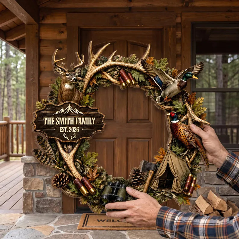 Hunting Wreath - Custom Deer & Duck Rustic Wall Decor Wooden Sign, Deer Door Sign, Rustic Hunting Sign,Hunter Lover Gift, Custom Family Name 0ee08cb5-9596-4270-9606-e4fd0d395765-fger-2-.webp