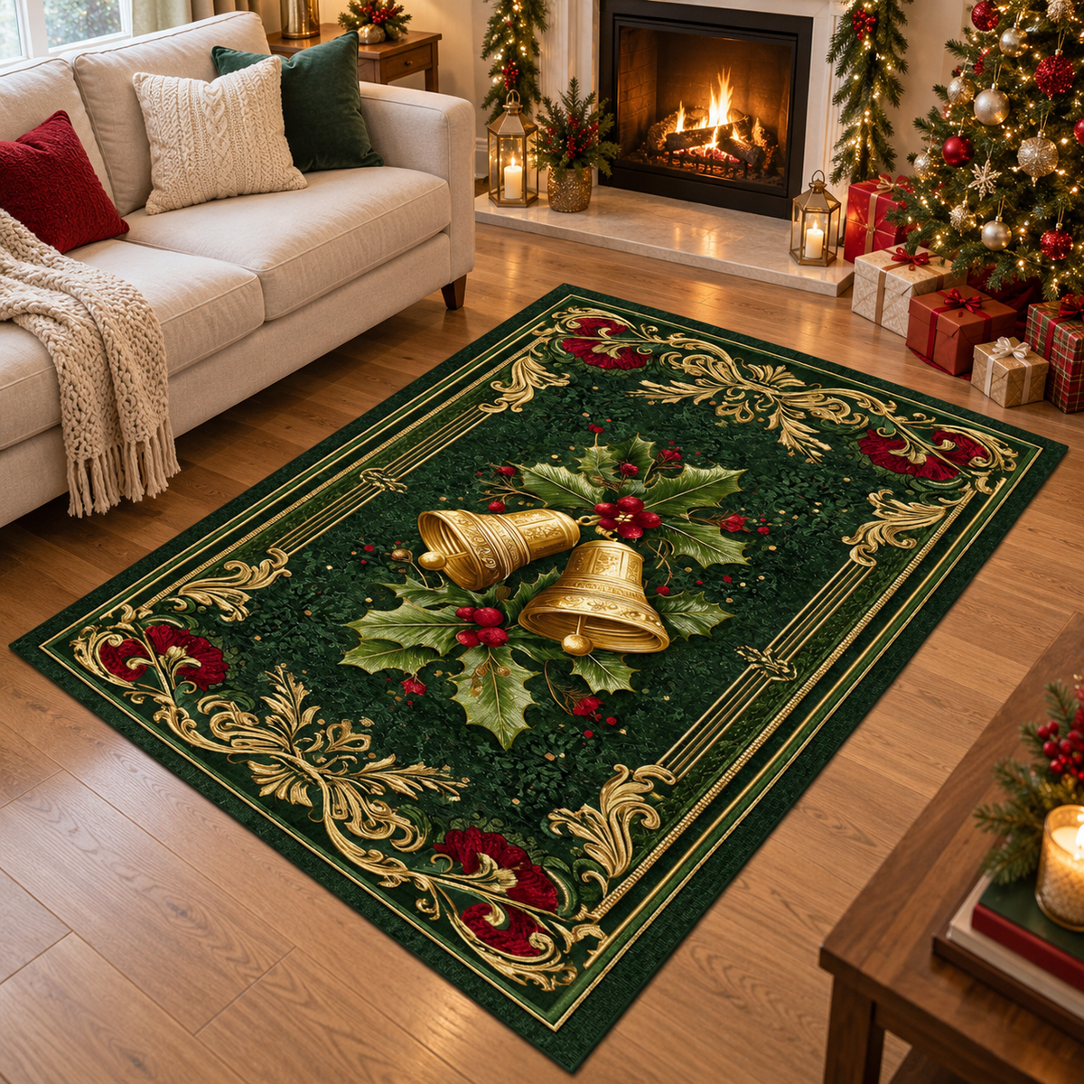 Elegant Christmas Bell Rug, Green Gold Holiday Carpet with Holly Leaves, Red Berries and Festive Home Decor Design 0f447264-8b5d-4e31-b725-7dab5f78c850-banner-1.png