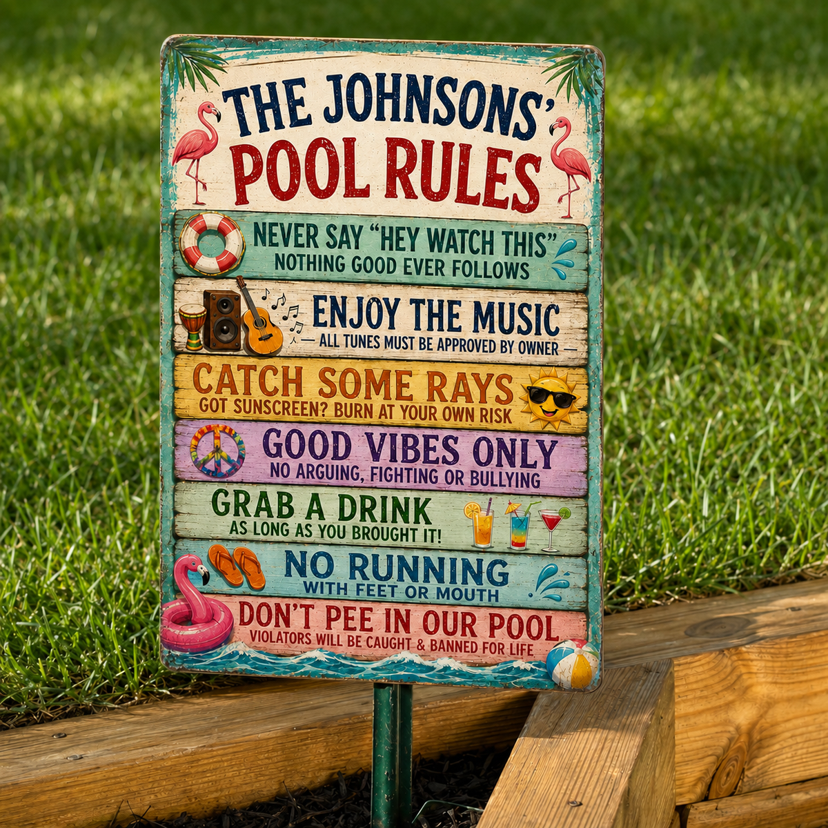 Personalized Funny Family Pool Rules Metal Sign, Funny Beach House Decor