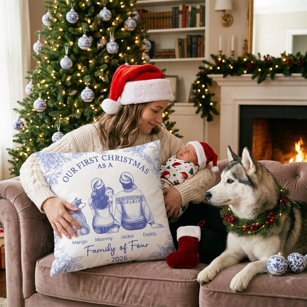 Blue Toile de Jouy Holiday Decor, Personalized New Parent Gift - Personalized Pillow