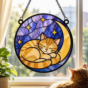 Sleeping Cat Crescent Stained Glass Suncatcher - Suncatcher Stained Glass 0fac2ddc-831c-45e6-a37c-f899b6ac5ffa.png