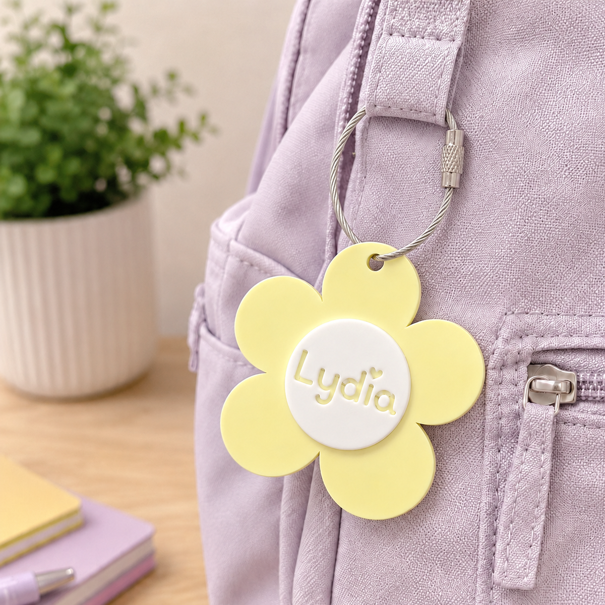 Personalized Daisy Acrylic Name Tag: Custom Backpack Keychain 0ff2d626-56ea-42ba-89d5-032d96da9ba4-8d0e604c-2288-46c5-bb69-3edbf330efa1.png