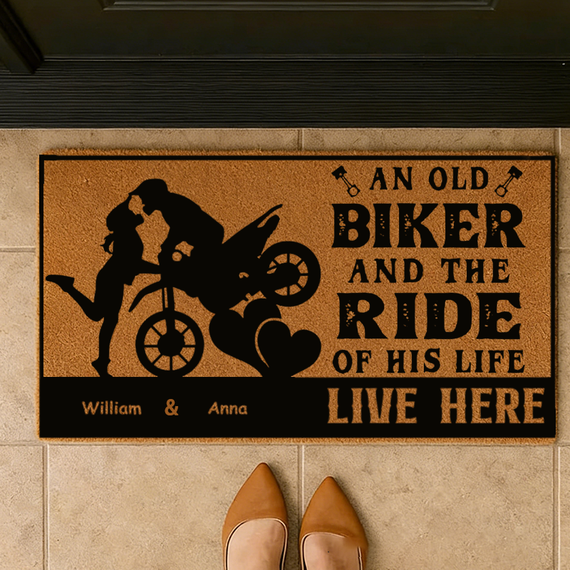 Personalized Couple Biker Doormat Custom Name Motorcycle Lover Entry Rug Funny Welcome Mat Gift For Rider Family and Motorbike Enthusiasts