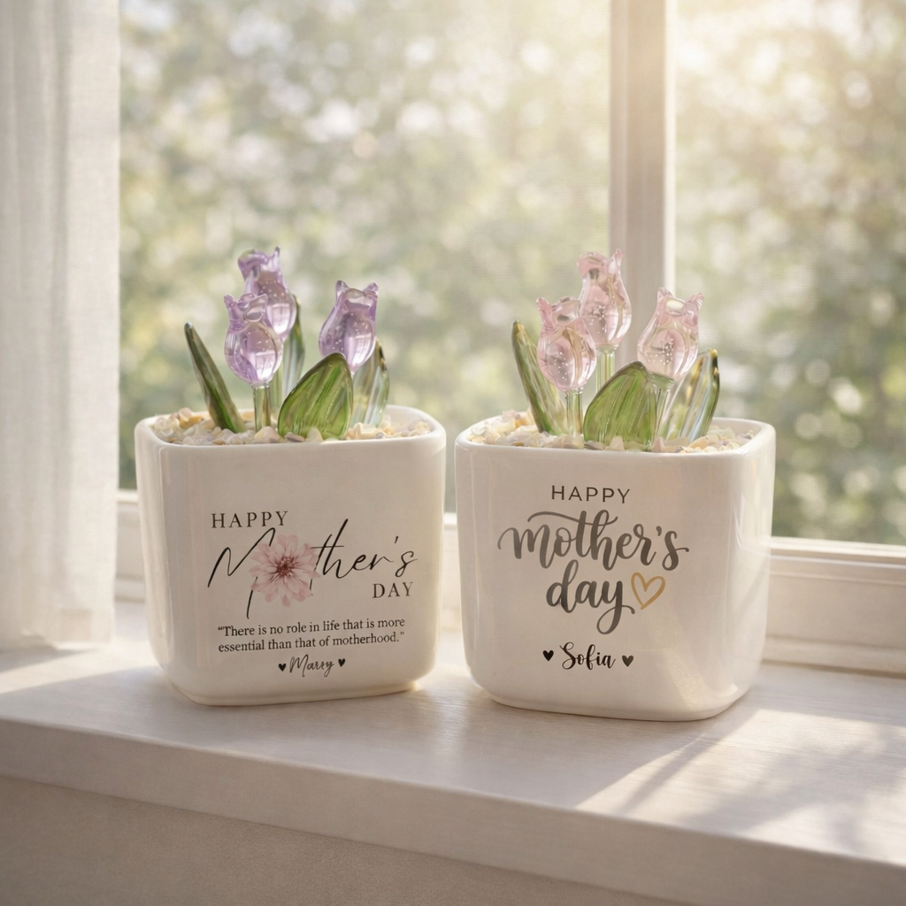 Personalized Tulip Glass Flower Pot, Mother's Day Gift for Mom, Happy Mothers Day Planter, Custom Name Flower Pot, Decorative Glass Tulip