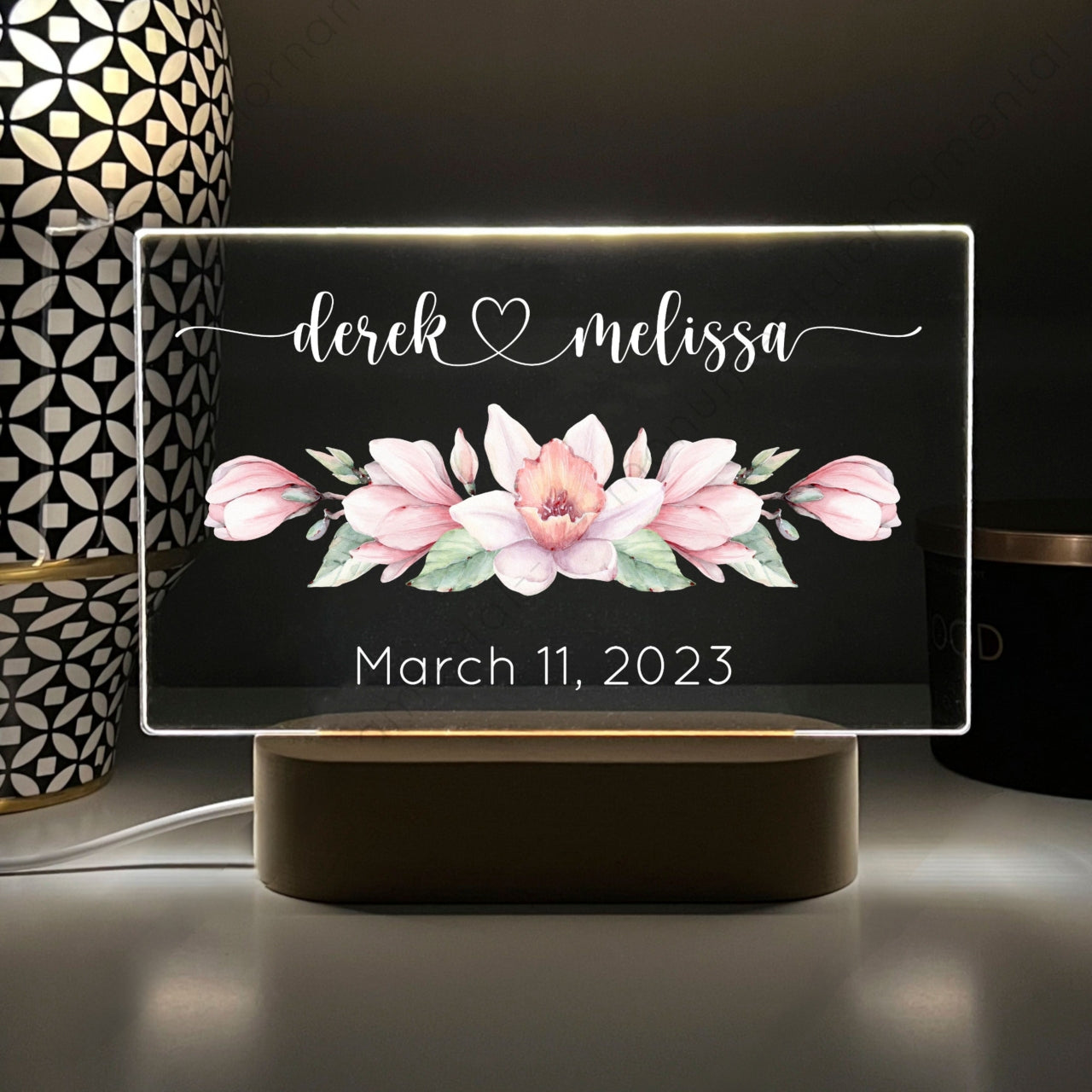 Personalized Couples Acrylic Night Light, Pink Magnolia Custom Printed, Anniversary Gift, Newlywed, Valentines, Engagement LED Nightlight