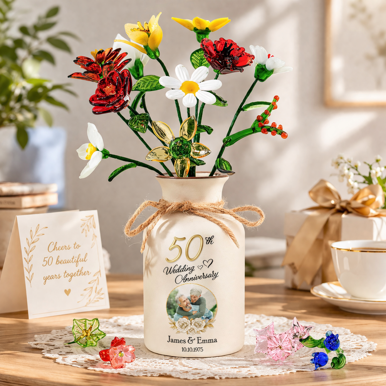 Wedding Anniversary Gift For Her - Personalized Photo Vase With Glass Birth Month Flowers - Anniversary Gift For Wife