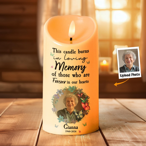 This Candle Burns In Loving Memory - Personalized Led Flameless Candle - Memorial Gift, Custom Photo Sympathy Candle, Bereavement Gift For Family