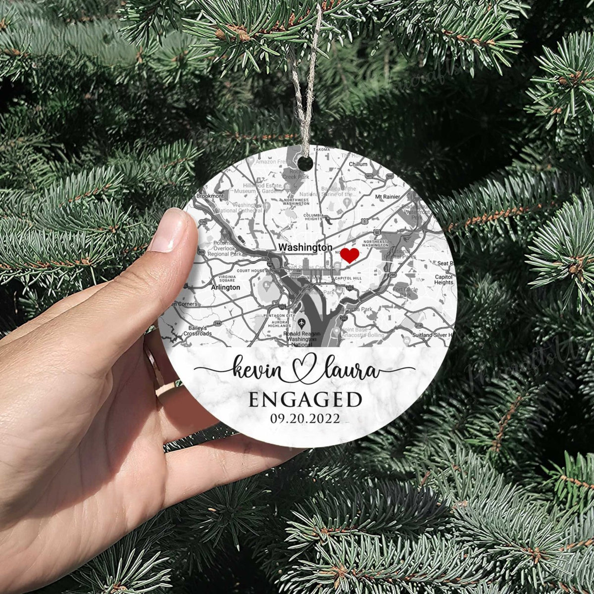 Engaged Ornament, Personalized Map Ornament Engagement Gift, Custom Location Bridal Shower Gift For Bride To Be, Just Engaged Gifts For Couple