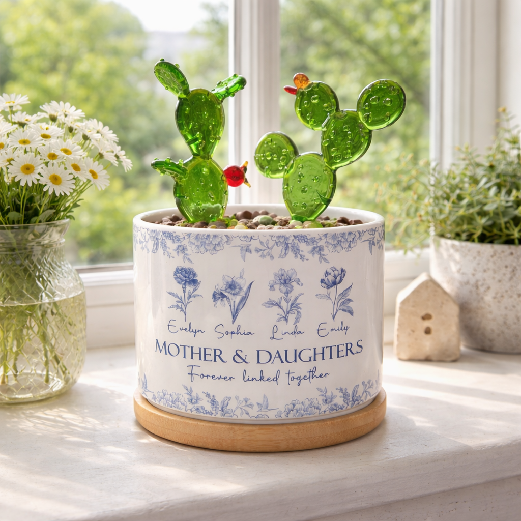 Mother & Daughters Forever Linked Together - Personalized Mini Glass Flower Plant Pot - Gift For Mom Grandma, Mother's Day Gift
