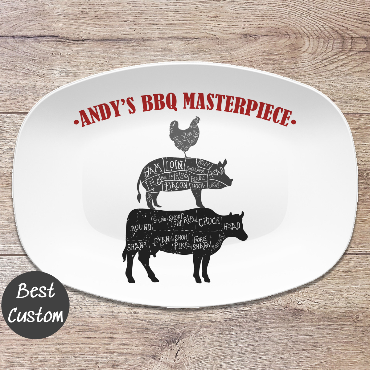 BBQ Grilling Serving Platter, Personalized Serving Tray, Father's Day BBQ Gift, Grilling Plate, Gifts for Him, Cow Pig Chicken Butcher Cuts