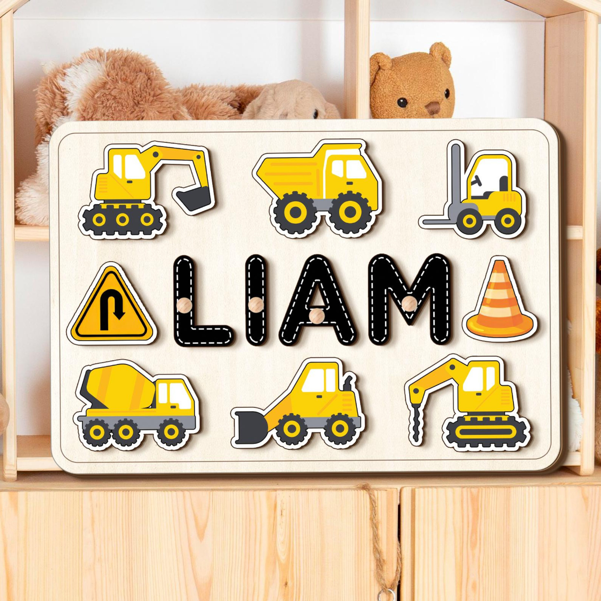Personalized Construction Wooden Name Puzzle, Dump Truck, Digger Construction Set, Birthday Gifts for Baby Boy, Kids Name Puzzle
