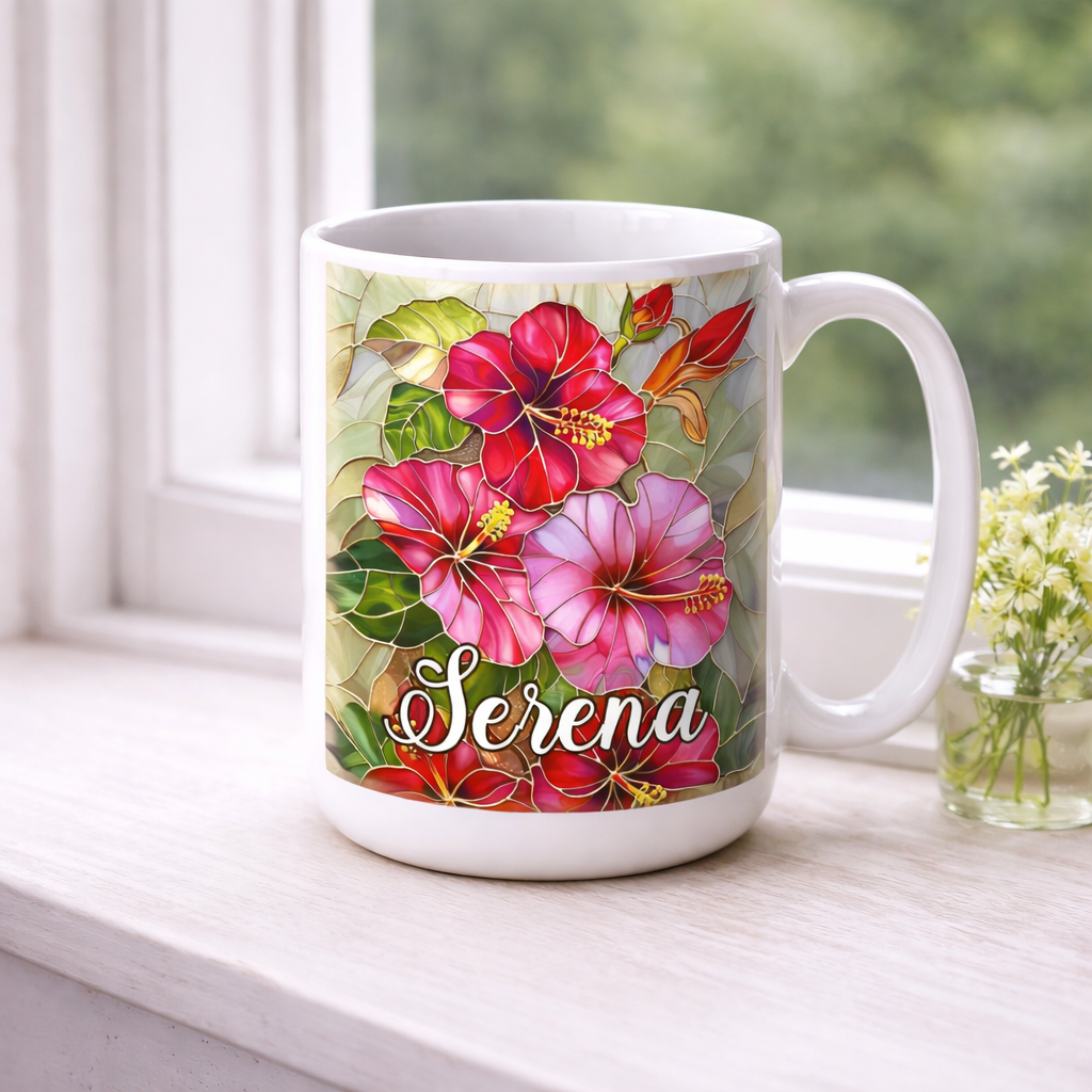 Custom Name Floral Coffee Mug, Personalized Flower Mug, Stained Glass Flower Mug, Mother's Day Gift for Mom