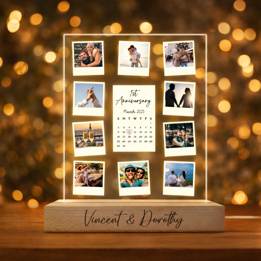 Couple Photo Collage Led Light, 1st Anniversary Gift for Couple, Valentine's Gift For Him Her, Photo Collage Acrylic Plaque, Boyfriend Gifts